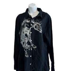 Johnny Was 3J Workshop Embroidered Button Down Horse Rodeo Blouse Size Large